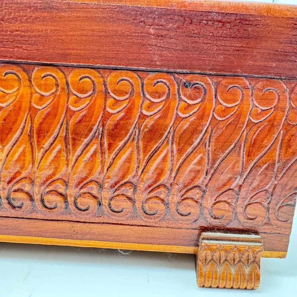 Vtg 1950s Hand-Carved Cedar Wood Jewelry Box Mirror Windmill Footed Base
